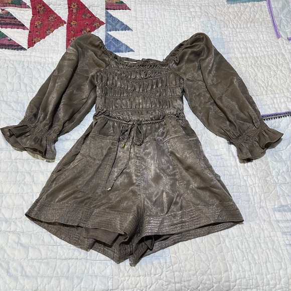 Free People Pants - Free People Romper Metallic Bronze Long Sleeve Smocked XS
